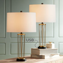 Load image into Gallery viewer, Set of 2 with USB Charging Port Gold Metal Drum Shade - EK CHIC HOME