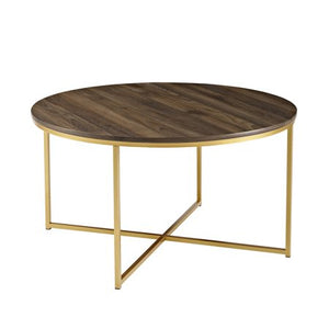 36" Coffee Table with X-Base - Dark Walnut & Gold - EK CHIC HOME