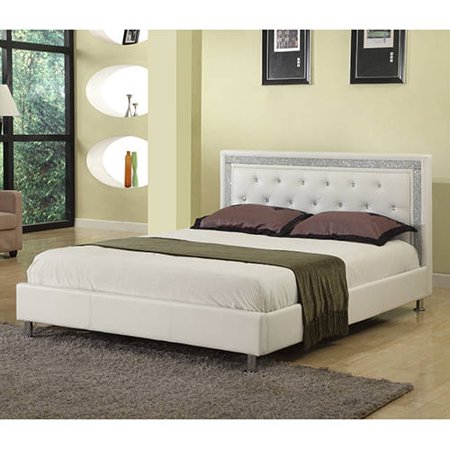 Upholstered Platform Bed, White Faux Leather, Queen - EK CHIC HOME