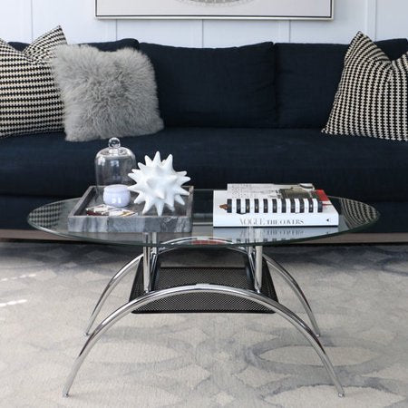 Oval Glass Coffee Table with Black Mesh Shelf - EK CHIC HOME