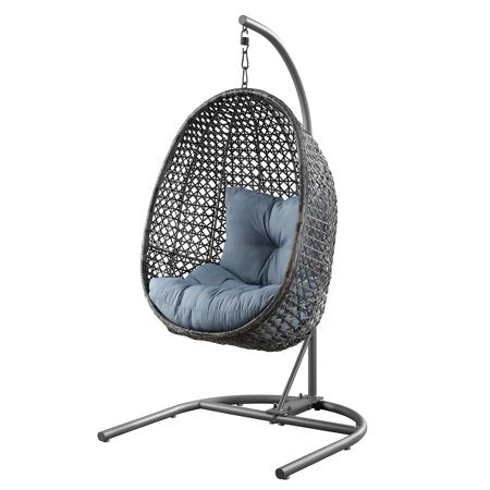 Patio Wicker Hanging Chair with Stand and Blue Cushion - EK CHIC HOME
