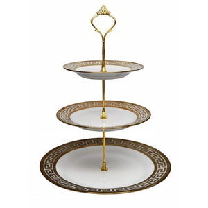 Royalty Porcelain 3-Tier Cake and Cupcake Stand, Greek Key Pattern, 24K Gold - EK CHIC HOME